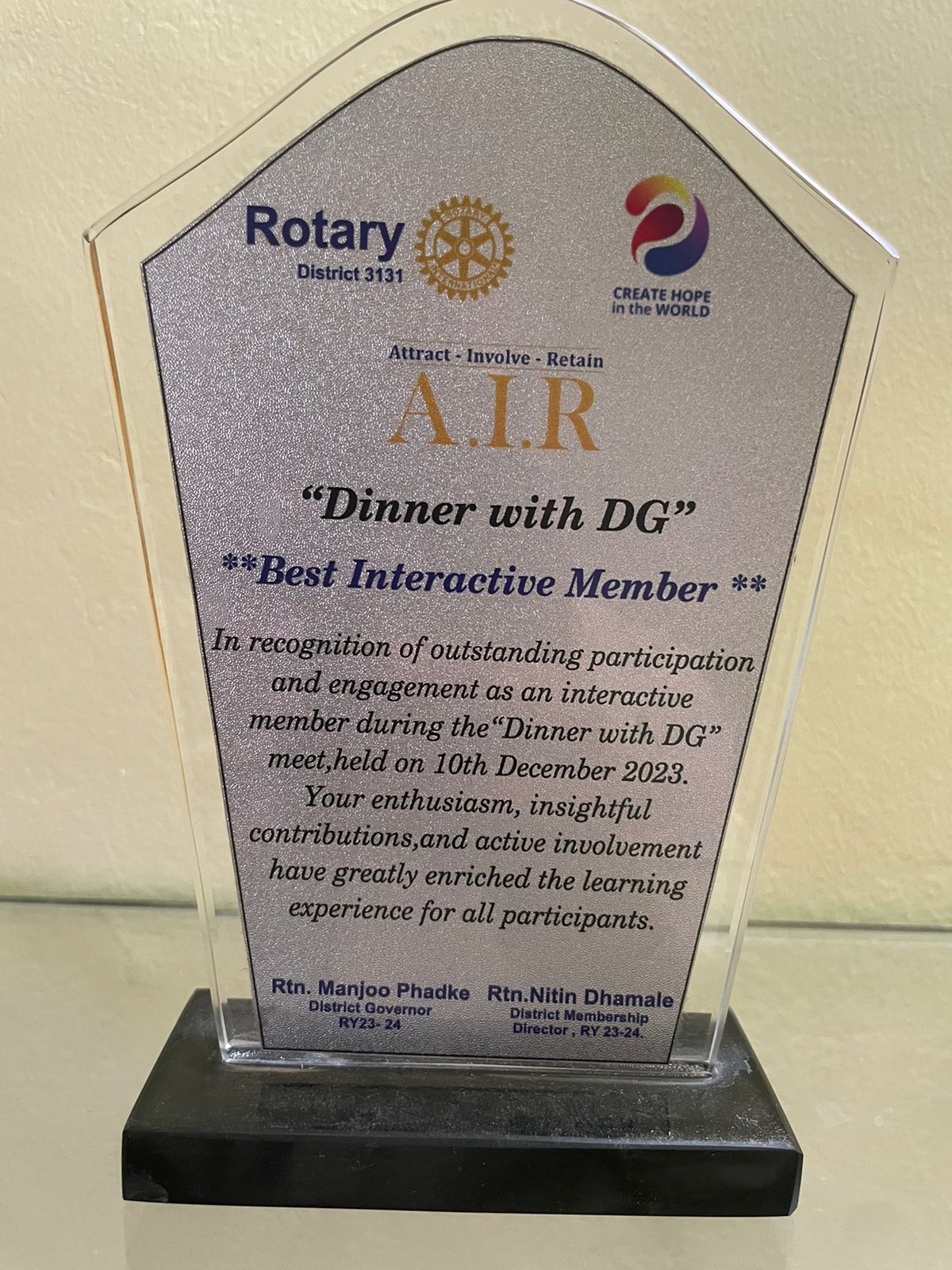 Trophy given by Rotary Club for Best Interactive Member.